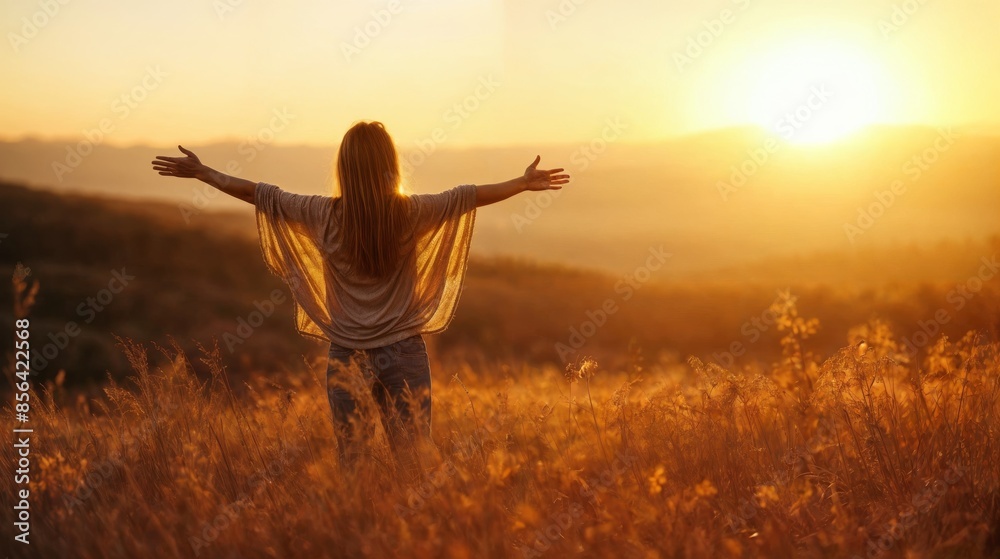 Woman with outstretched arms in a field at sunset Woman with outstretched arms in a field at sunset