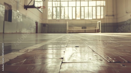 Empty Gymnasium Floor with Basketball Hoop and Soccer Goal, Generative AI photo