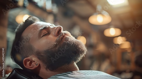 Bearded Man Relaxing in Barber Shop with Warm Lighting Ambiance photo