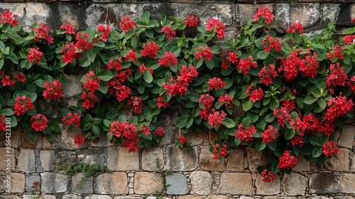 Crimson Ixora Blooms and Sandy Bricks Wall