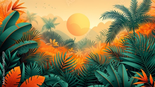 Retro risograph style with grainy color fades in vibrant oranges and greens, featuring exaggerated, abstract tropical plants and playful shapes for a lively retro botanical background. Illustration,