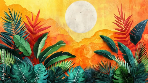 Retro risograph style with grainy color fades in vibrant oranges and greens, featuring exaggerated, abstract tropical plants and playful shapes for a lively retro botanical background. Illustration,