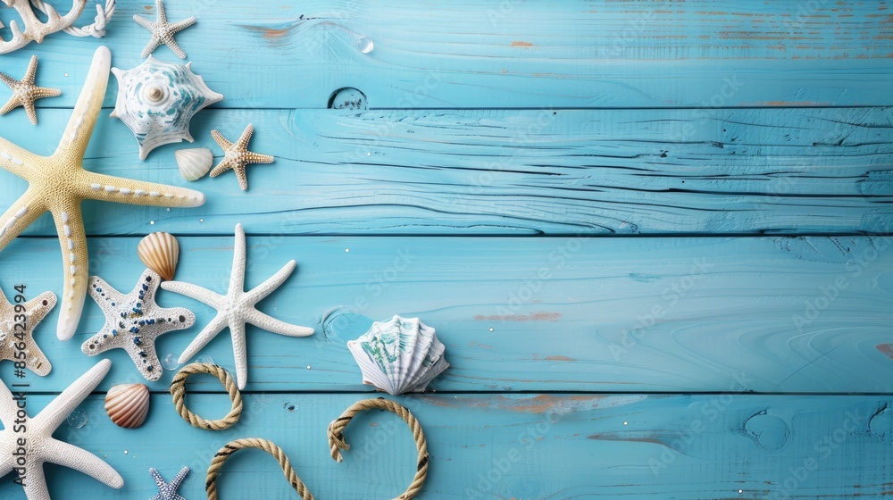 Naklejka premium Nautical themed decoration on blue wooden backdrop