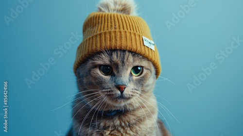 Stylish feline in beanie with playful label posing adorably on blue backdrop photo