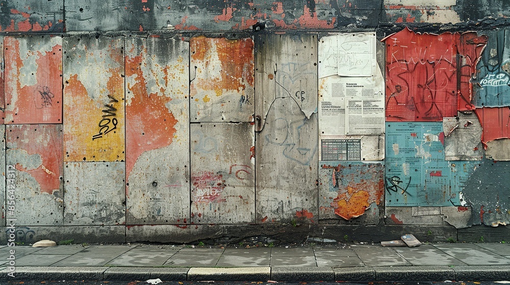 Fototapeta premium A close-up of a concrete wall with graffiti and peeling posters, the grungy textures emphasized by a minimalist color palette. Illustration, Minimalism,