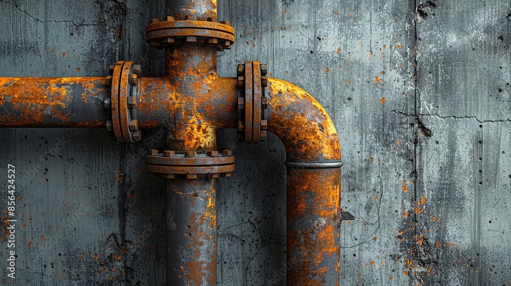 A close-up of a rusty, industrial pipe against a concrete wall, the grungy textures highlighted by a monochrome color scheme. Illustration, Minimalism, A close-up of a rusty, industrial pipe against a concrete wall, the grungy textures highlighted by a monochrome color scheme. Illustration, Minimalism,