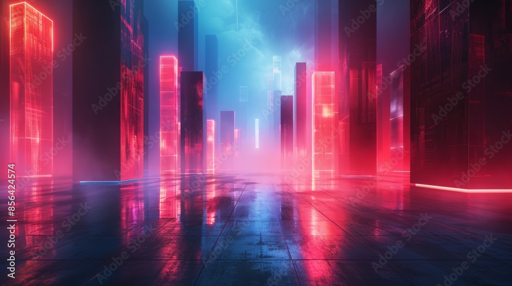 Futuristic Cityscape with Neon Glow Under a Cloudy Sky Futuristic Cityscape with Neon Glow Under a Cloudy Sky