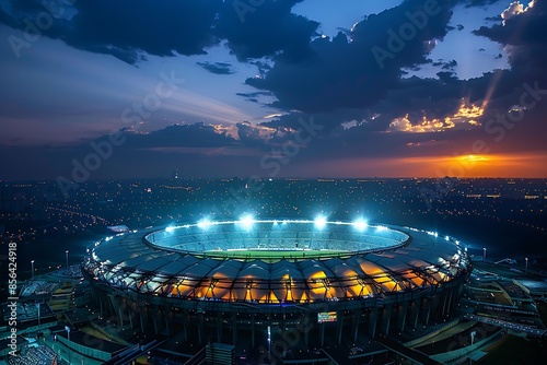 A grand stadium at the zenith of a championship, with lights that pierce the night sky photo