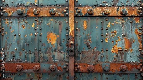 A high-contrast photograph of a rusted metal door with peeling paint, showcasing the grungy textures and minimalist color palette. Illustration, Minimalism,