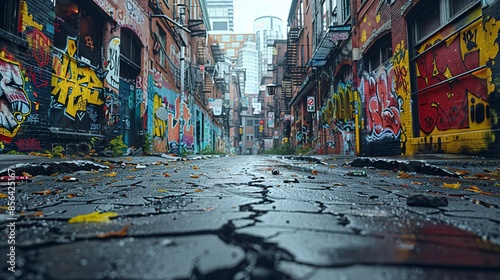 An urban alleyway with graffiti-covered walls and a cracked asphalt surface, the grungy atmosphere brought to life through a monochrome color scheme. Illustration, Minimalism,