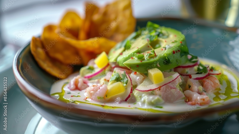 A creamy coconut and avocado ceviche made with locally grown produce served with crispy plantain chips. A creamy coconut and avocado ceviche made with locally grown produce served with crispy plantain chips.