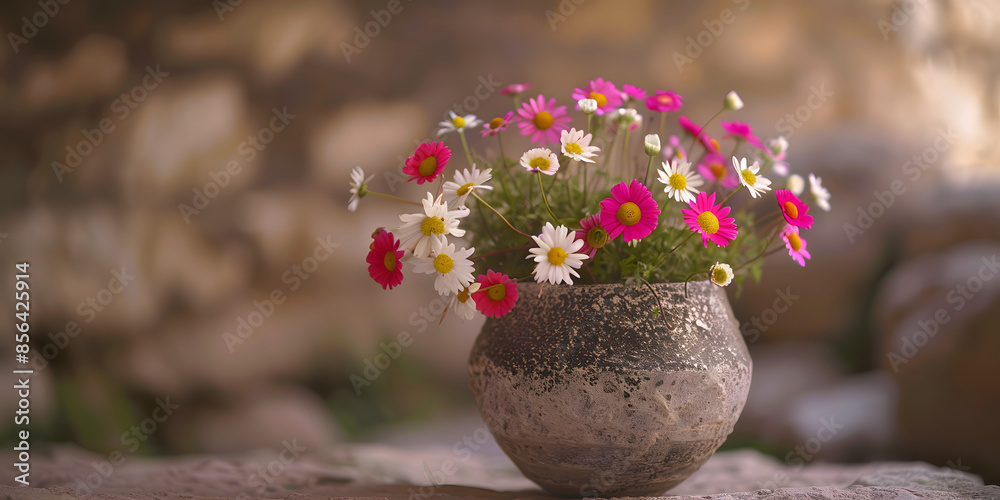 Obraz premium Girassóis coloridos em um vaso rústico