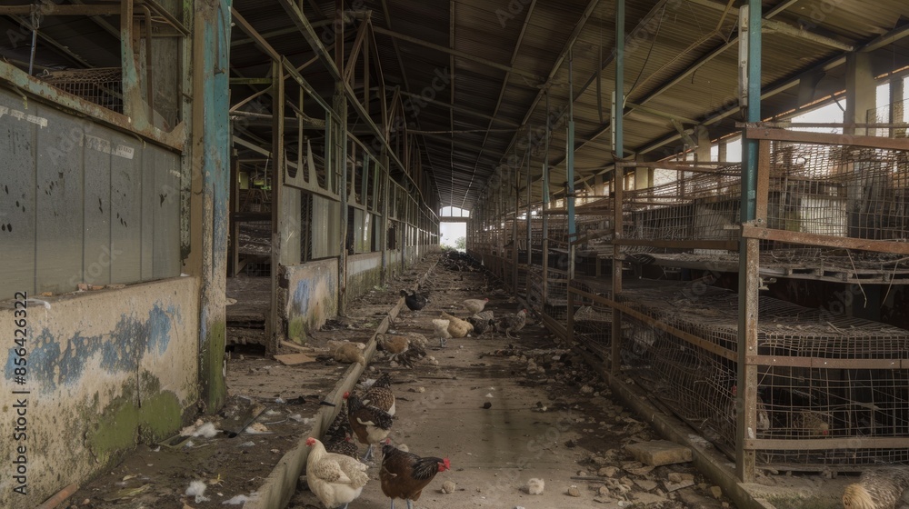 An empty poultry farm after an H5N1 outbreak, with abandoned cages and equipment. An empty poultry farm after an H5N1 outbreak, with abandoned cages and equipment.