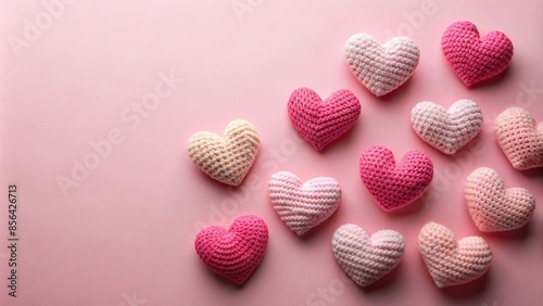 Knitted hearts on a pink background , love, romance, Valentine's Day, handmade, craft, cozy, warm, decoration, cute, holiday