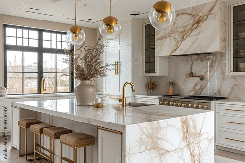 Hollywood Regency-style glam kitchen with marble countertops and gold fixtures.