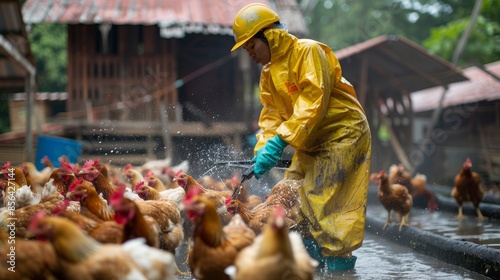 A worker cleaning and disinfecting a poultry pen to prevent H5N1 spread. photo