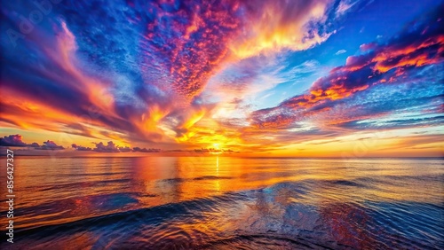 Vibrant sunset over a tranquil ocean with colorful sky, sunset, dusk, sky, clouds, horizon, orange, pink, red, tranquil