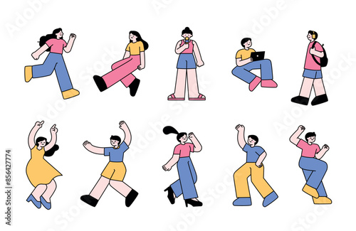 People are doing different actions and behaviors. outline simple vector illustration.