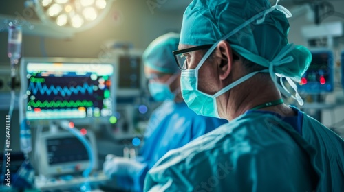 An anesthesiologist observing the patient's vitals on a monitor during a complex surgical procedure