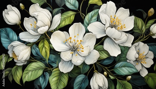 a painting of white flowers with green leaves on a black background. generative ai