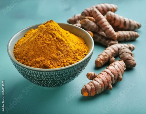 a bowl of tumerica and some tumerica root on a table. generative ai