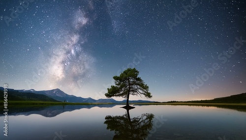 Wallpaper Mural a lone tree is reflected in the still water of a lake under a night sky filled with stars and the milky in the distance,. generative ai Torontodigital.ca