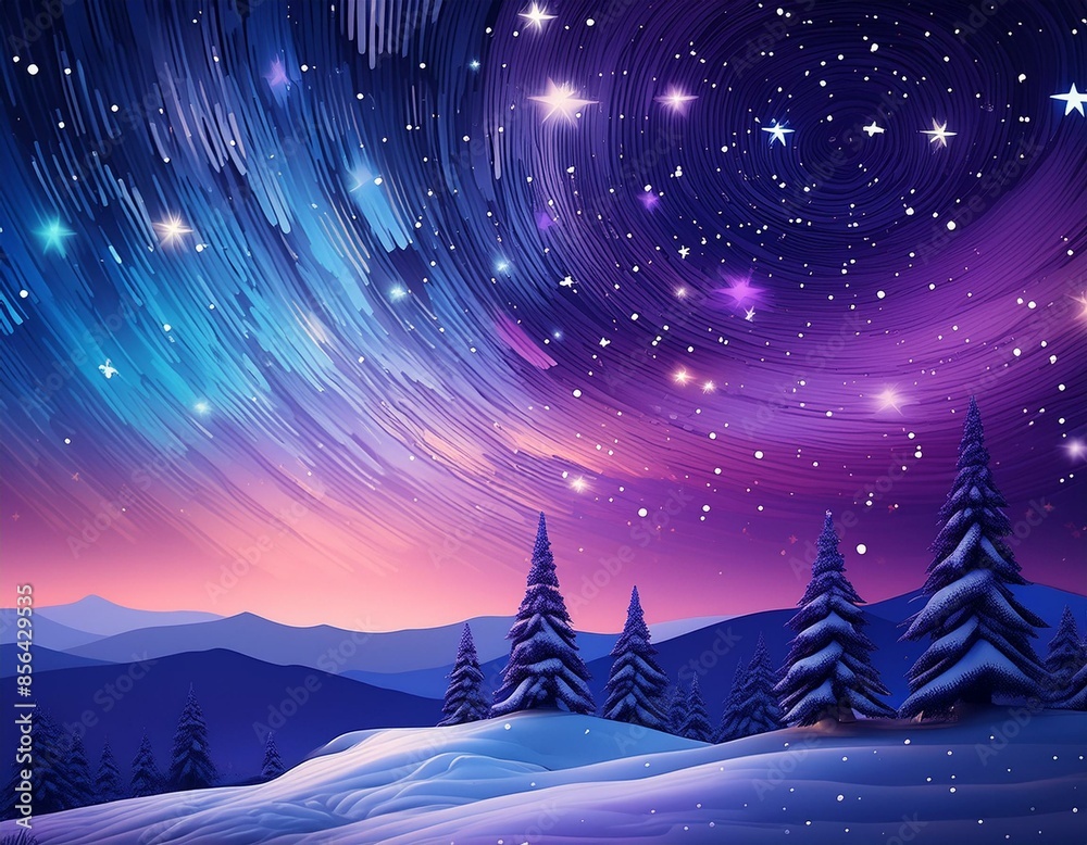 Naklejka premium a night sky with stars and a purple and blue sky with trees and a snow covered hill with snow on the ground and stars in the sky. generative ai