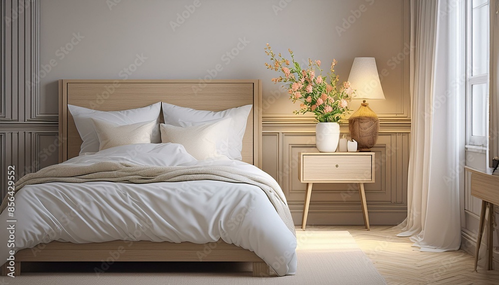 a bed with a white comforter next to a night stand with a vase of flowers and a lamp on top of the headboard. generative ai
