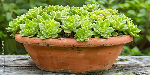 Plantas suculentas verdes brilhantes em um vaso de terracota