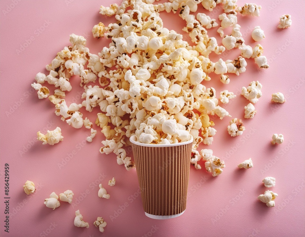 Overturned paper cup with delicious popcorn on pink background with copy space Overturned paper cup with delicious popcorn on pink background with copy space