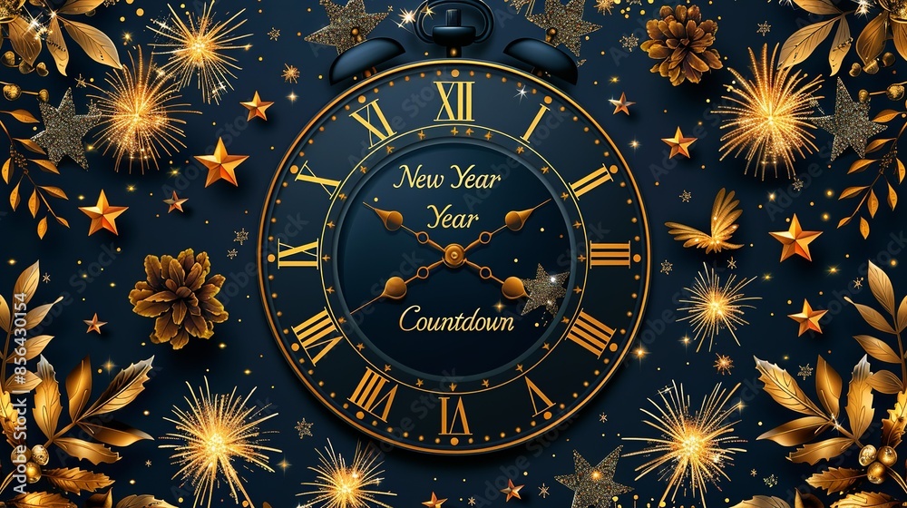 A rich, velvety black background with an elegant clock striking midnight, surrounded by glittering fireworks and stars, with A rich, velvety black background with an elegant clock striking midnight, surrounded by glittering fireworks and stars, with