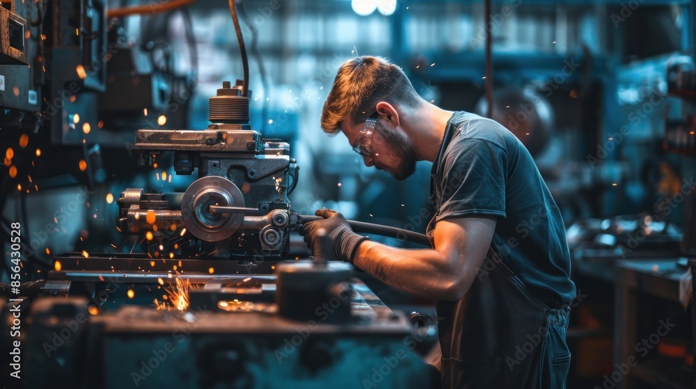 A man in a black shirt is working on a machine in a factory. Concept of hard work and dedication, as the man is focused on his task A man in a black shirt is working on a machine in a factory. Concept of hard work and dedication, as the man is focused on his task