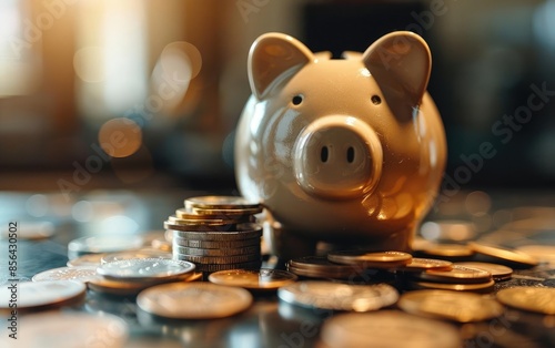 Detailed image of a piggy bank and coins, symbolizing saving for retirement
