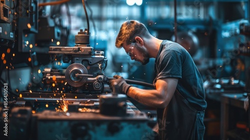 A man in a black shirt is working on a machine in a factory. Concept of hard work and dedication, as the man is focused on his task