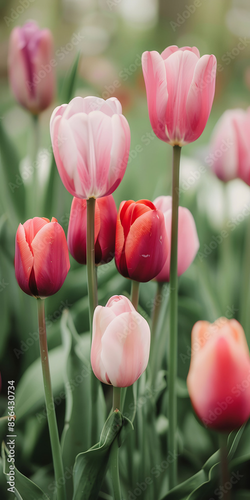 Fototapeta premium Tulipas coloridas em um jardim de primavera.
