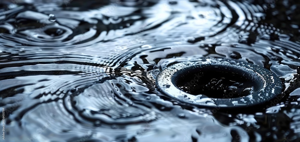 Closeup of a clean drain with water flowing smoothly, highlighting the shiny metal surface Closeup of a clean drain with water flowing smoothly, highlighting the shiny metal surface