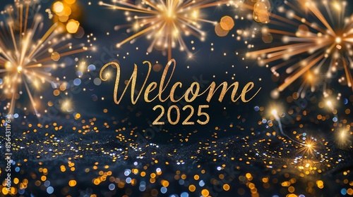 Wallpaper Mural A sophisticated black background with a festive display of fireworks and glittering bokeh lights, highlighting "Welcome 2025" in a glamorous, sparkling font. Illustration, Minimalism, Torontodigital.ca