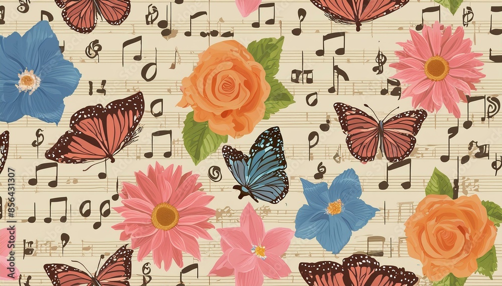 Seamless pattern with collage of musical notes, butterflies and flowers in retro style. Seamless pattern with collage of musical notes, butterflies and flowers in retro style.
