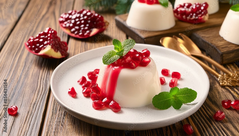 Winter delicious italian dessert panna cotta with pomegranate jelly and mint, homemade cuisine on a wooden background.