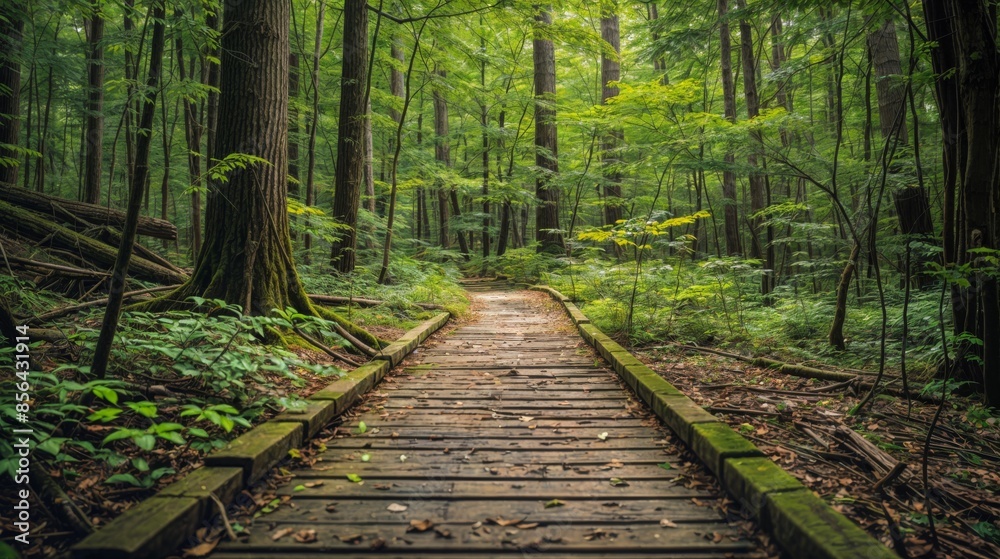 Obraz premium Wooden path through forest