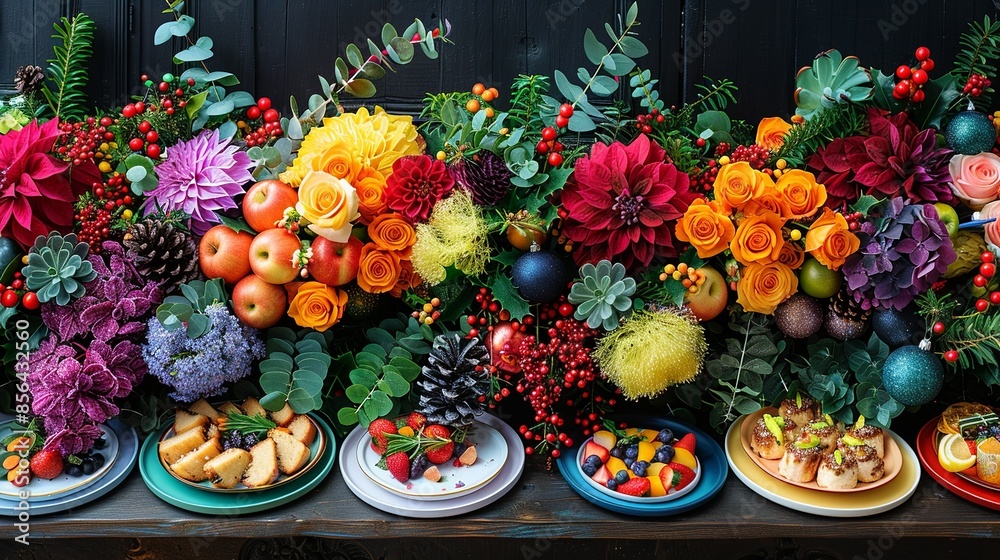 A beautifully set holiday brunch table with rainbow-colored plates, festive foods, and a centerpiece made of multicolored flowers and ornaments. Illustration, Minimalism, A beautifully set holiday brunch table with rainbow-colored plates, festive foods, and a centerpiece made of multicolored flowers and ornaments. Illustration, Minimalism,
