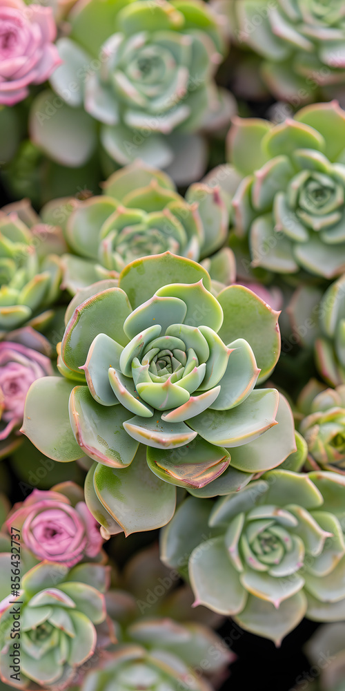 Fototapeta premium Plantas suculentas verdes belas com flores cor-de-rosa