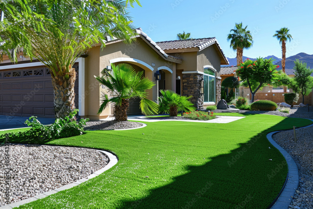 Obraz premium Artificial grass, synthetic grass, perfect grass landscaping with artificial grass, modern home front yard with artificial grass lawn