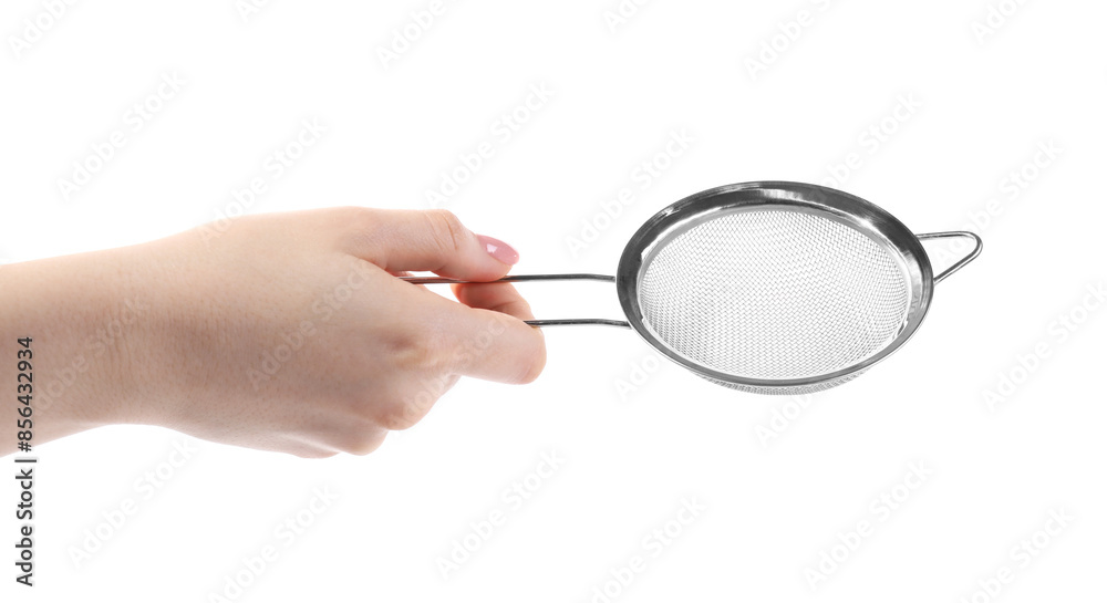 Woman with metal sieve on white background, closeup Woman with metal sieve on white background, closeup
