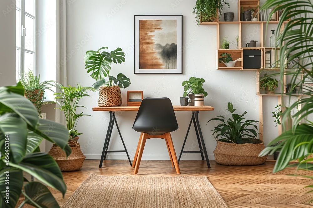 Stylish scandinavian living room with design furniture, plants, bamboo bookstand and wooden desk. Brown wooden parquet. Abstract painting on the white wall. Nice apartment. Modern decor of bright room Stylish scandinavian living room with design furniture, plants, bamboo bookstand and wooden desk. Brown wooden parquet. Abstract painting on the white wall. Nice apartment. Modern decor of bright room