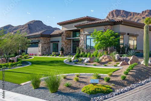 Artificial grass, synthetic grass, perfect grass landscaping with artificial grass, modern home front yard with artificial grass lawn