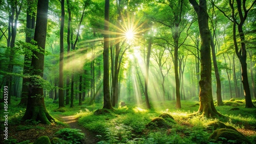 Lush green forest with sunlight filtering through the leaves, summer, forest, trees, sunlight, green, nature, outdoors