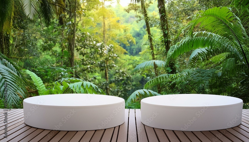 two white round podium displays for product presentation, lush jungle forest in the background two white round podium displays for product presentation, lush jungle forest in the background