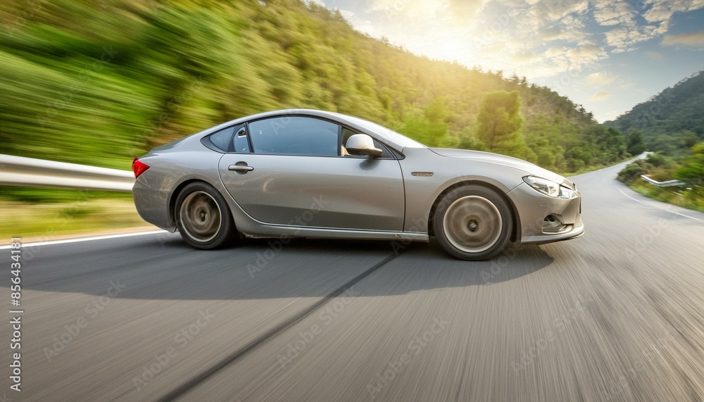 Naklejka premium side view of a fast driving sport car, blurred motion background, generative ai