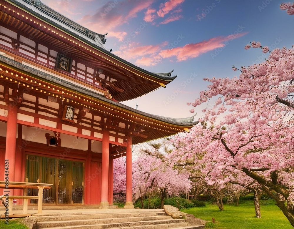 Beautiful japan temple in blossoming sakura garden, pink cherry trees, nature background wallpaper Beautiful japan temple in blossoming sakura garden, pink cherry trees, nature background wallpaper